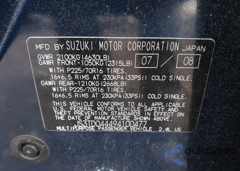 2009 Suzuki Grand Vitara Xsport z USA, uszkodzony, nr VIN JS3TD044494100477